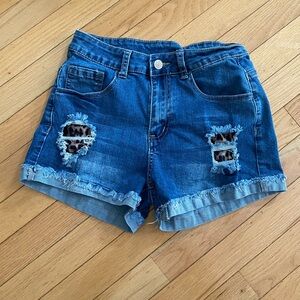 SHEIN Blue Distressed Denim Shorts with Leopard Patch Accents